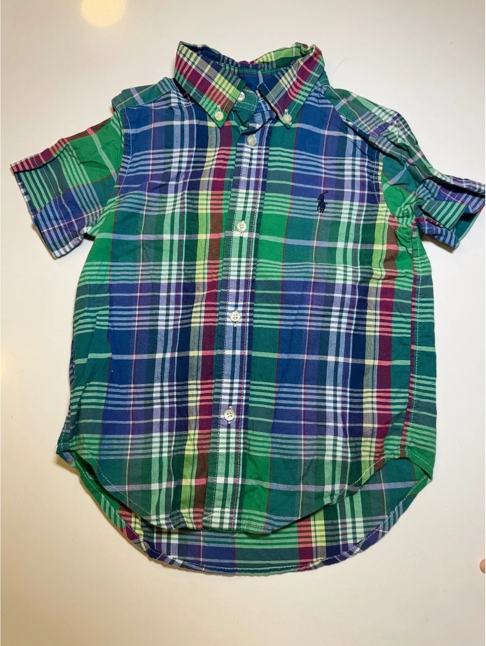 Ralph Lauren Toddler Boys' Green and Blue Plaid Short Sleeve Button-Up Shirt, 2T